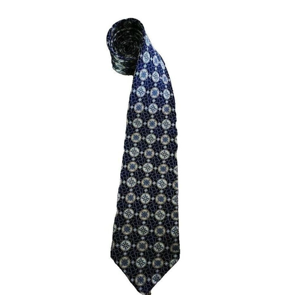 Henry Grethel Mens Tie Black Geometric Print 100% Italian‎ Silk